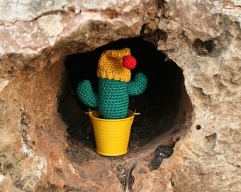 Cacti in hat, Crochet Cactus Saguaro, Cacti of many colors dressing up, Christmas decor, Yellow home decor, Potted plants by TomToy