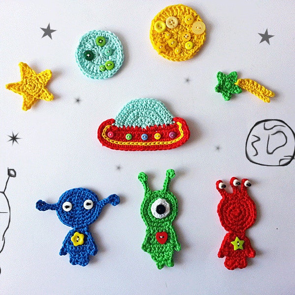 Crochet Applique Outer space, Embellishment motif, Aliens Planets Stars