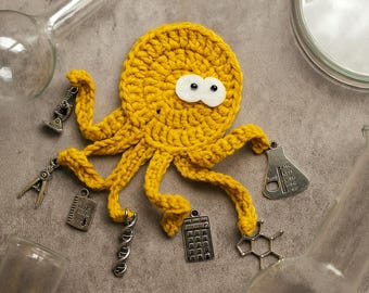 Scientist The Busy Octopus collection, Handmade Crochet applique by TomToy, 10cm, 1 applique/applique with charms
