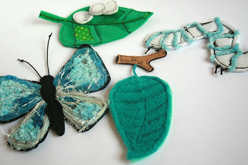 set of 4: leaf Butterfly life cycle felt playset caterpillar 2-12cm pupa butterfly eggs
