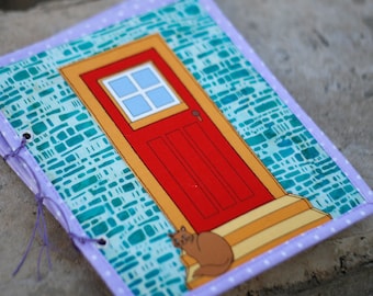 Fabric Dollhouse, Mint bricks Red door, Travel dollhouse book, 25x21.5cm, 4 rooms and covers