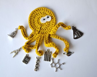 Scientist The busy Octopus, Handmade Crochet applique by TomToy, 10cm, 1 applique/applique with charms