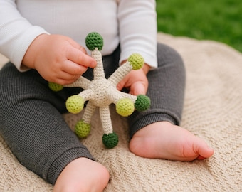 Dandelion crochet Rattle,  Soft modern toy in  Green and Off-White, Handmade by TomToy