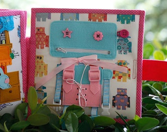 Robot page for custom built Quiet Book by TomToy, Zipper- Button- Bow- Slide -Lace and Tie- Buckle activities, 20x20cm, Single page