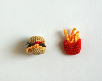 Miniature crochet hamburger and fries chips, Dollhouse  Mini fast food, 2cm, 2 pcs set