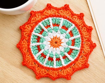 Spiked Mandala Crochet applique, Crochet flowers, Orange Mint Embellishments, Set of 2