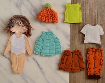 Felt "paper" Boy doll Starter set, Customized Doll dressing playset, 12cm doll, Set of 1 doll and 6 outfits