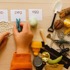 Conjunto de objetos con palabras CVC de la serie Montessori Pink: juego de combinación fonética para niños que empiezan a leer, de 2 a 10 cm. Conjunto de 25 objetos.