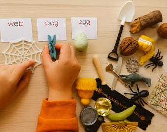 Montessori Pink series CVC words objects set – phonics matching game for early reading kids, 2-10cm, Set of 25 objects