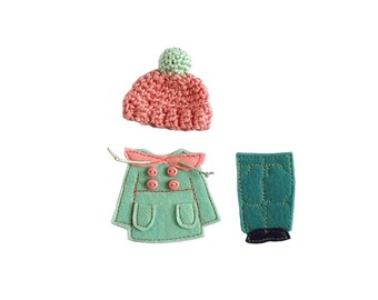 Winter Dressing set for TomToy Felt "paper" doll, coat 6.5x5cm, Set of 3 outfits