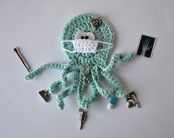 Doc The busy Octopus, Handmade Crochet applique by TomToy, 10cm, 1 applique/applique with charms