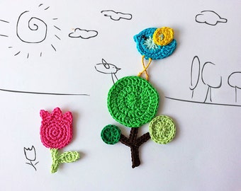 Crochet applique Woodland creatures,  Embellishment motif - Bird set