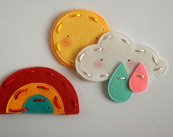 How to make a Rainbow lacing cards, Felt Sun Cloud Rainbow,Felt playset, Felt weather, Felt lacing cards, sun 9cm diameter, Set of 3