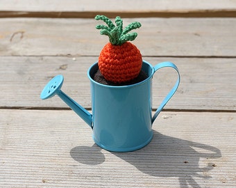 Crochet Carrot potted in colorful tin watering can, Crochet home decor, Garden theme, Easter decor, Potted plant collection by TomToy