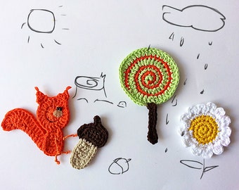Crochet applique  Woodland creatures, Embellisment motif - Squirrel set