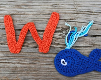 W is for Whale Crochet Alphabet applique, Crochet Monogram, ABC letters crocheted personalize embellishments,  7-8cm tall, 1 letter+whale