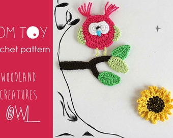 OWL set Digital PDF Crochet PATTERN, Woodland Creatures collection, Forest animals crochet applique, Owl Flower Tree branch crochet tutorial