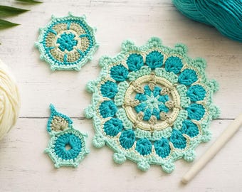 Crochet Mandala applique, Handmade Flowers Embellishments, White-Blue decoration, Set of 3