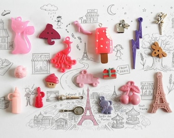 France I Spy trinkets set, I spy bag bottle filler, Cartoon buttons beads charms pendants miniatures findings, 1-6cm, Set of 20