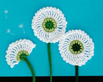 WishBloom - Dandelion Flowers Crochet applique, White crochet motif with stem, White flower, Crochet flower, 7cm flower diameter, Set of 3