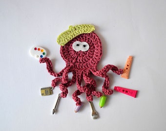 Artist The busy Octopus, Handmade Crochet applique by TomToy, 10cm, 1 applique/applique with charms