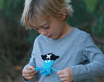 Pirate The busy Octopus, Handmade Crochet applique by TomToy, 10cm, 1 applique/applique with charms