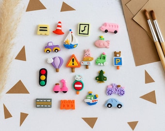 Rev, Roam, Row:  I Spy Transportation Cabochons –  Cute Vehicle Trinkets - Air, Land & Sea Cars, Trains, Boats, Planes. Set of 20