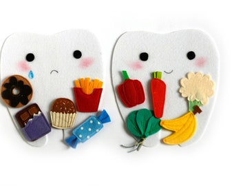 Little Happy tooth - Sad tooth, Felt sorting activity Good and bad food for teeth, 15x17cm tooth, Set of 2 teeth+10 food pcs