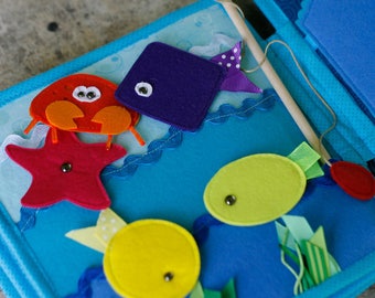 Fishing page for custom built Quiet Book by TomToy, Hand eye coordination, Pretend play, Fabric Busy book pages, 20x20cm, Single page