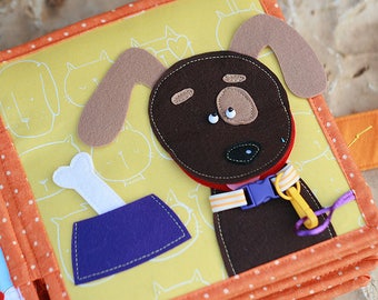 Dog page for custom built Quiet Book by TomToy, Buckles activity, Fabric Busy book pages, 20x20cm, Single page