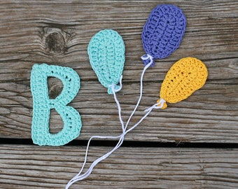 B is for Balloon Crochet applique, Crochet Monogram, crocheted ABC Alphabet letter personalize embellishments, 7-8cm tall, 1 letter+applique