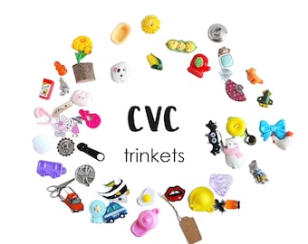CVC I Spy Set - Read and Play the Montessori Way, fun Reading practice Short Vowel Word, Miniatures by TomToy, 1-3.5cm, 50 trinkets