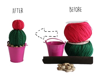 Crochet Kit Cactus #2 Pink Flower, Make your own cacti of many colors , DIY easy crochet project plant in a tin pail, All materials included