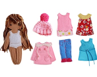 Felt "paper" doll Starter set #5, Doll dressing play set, Customized doll, 12cm doll, Set of 1 doll and 6 outfits