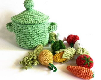 Soup play set Small size, Play food, Kitchen play set, Handmade by TomToy, pot 9cm diameter, Set of 10 Vegetables and Pot