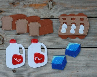 Felt food pieces, felt eggs, milk, bread, Pretend food, Play food, Felt board pieces, 3-10cm, 1 pcs - Choose your set