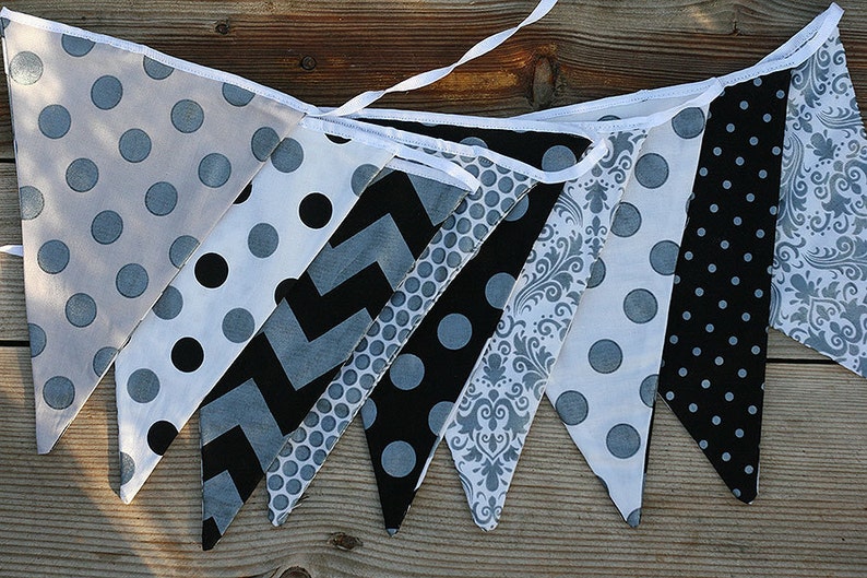 Fabric Bunting Party decor different colors: Nautical red blue, Pastel mint grey, Halloween orange black, Monochrome black&white, 2m length image 1