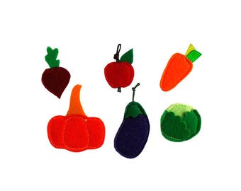 Vegetables and Fruits Food set for Felt "paper" doll, 2-4.5cm, Set of 6 pieces: pumpkin, cabbage, eggplant, carrot, beet, apple