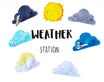 Weather station pieces, Felt / Magnetic, 4-6x6-8cm, Set of 7