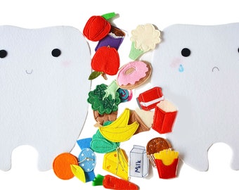 Happy tooth - Sad tooth, Felt sorting activity Good and bad food for teeth, 21x24cm tooth, Set of 2 teeth+20 food pcs