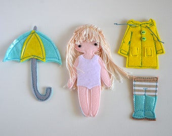 Rainy day Dressing set for TomToy Felt "paper" doll , Set of 3 pieces: Raincoat, Rain Boots, Umbrella