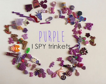 Purple I Spy Trinkets, Rainbow I spy bottle/bag filler, Colorful miniatures, Mixed buttons, beads, charms, 1-3cm, Set of 20/50/100