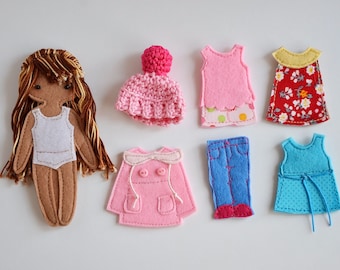 Felt "paper" doll Starter set #5, Doll dressing play set, Customized doll, 12cm doll, Set of 1 doll and 6 outfits