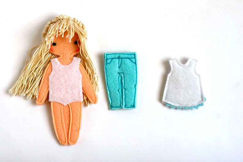 Individual Dressing outfits for Felt paper doll, Pretend play, Gift for a girl, 1 outfit of your choice image 7