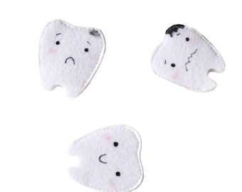 Felt teeth finger puppets, 4x5cm tooth, Set of 3