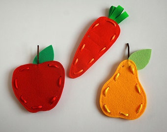 Frutti lacing cards, Felt Apple Pear Carrot, Felt lacing cards, Quiet activity, Felt food, Vegetables, Fruit, 4.5-11cm, Set of 3