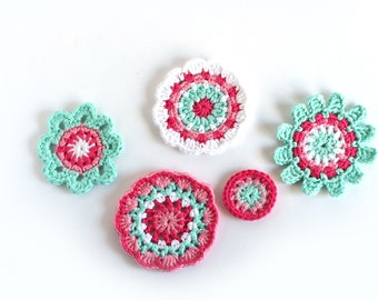 Color me Flowers Crochet applique collection, Colorful Rainbow Crochet Flowers, Handmade Hand crochet, 3.5-8cm, Set of 5 flowers