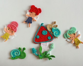 Fairy garden Crochet applique, Fairies Mushroom Snails embellishments, Appliques for girl, Girly applique, fairy 9cm, 1 piece or set