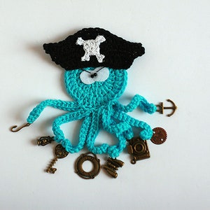 Pirate The busy Octopus, Handmade Crochet applique by TomToy, 10cm, 1 applique/applique with charms image 1