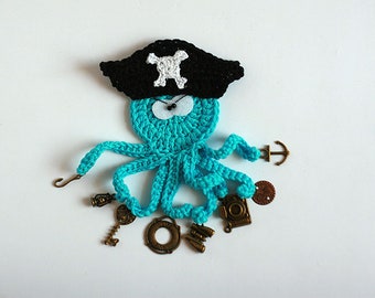 Pirate The busy Octopus, Handmade Crochet applique by TomToy, 10cm, 1 applique/applique with charms